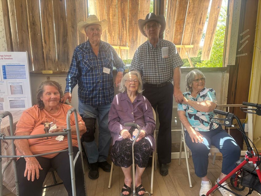 Front row (l-r): Dora Simons Smith, started at Cox Springs School 1953; Margie Carlton Simons, 1941-1948; JoAnn Simons Smith, started school 1947; back: Bill Smith, attended in the 1950s; Princeton Simons, church member and son of Margie.