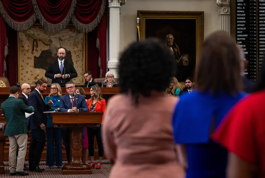 State Rep. Brad Buckley, R-Salado, answers questions regarding an amendment for Senate Bill 2 in the House Chamber in Austin on April 16, 2025. Lawmakers gave final approval to the school voucher legislation Thursday.