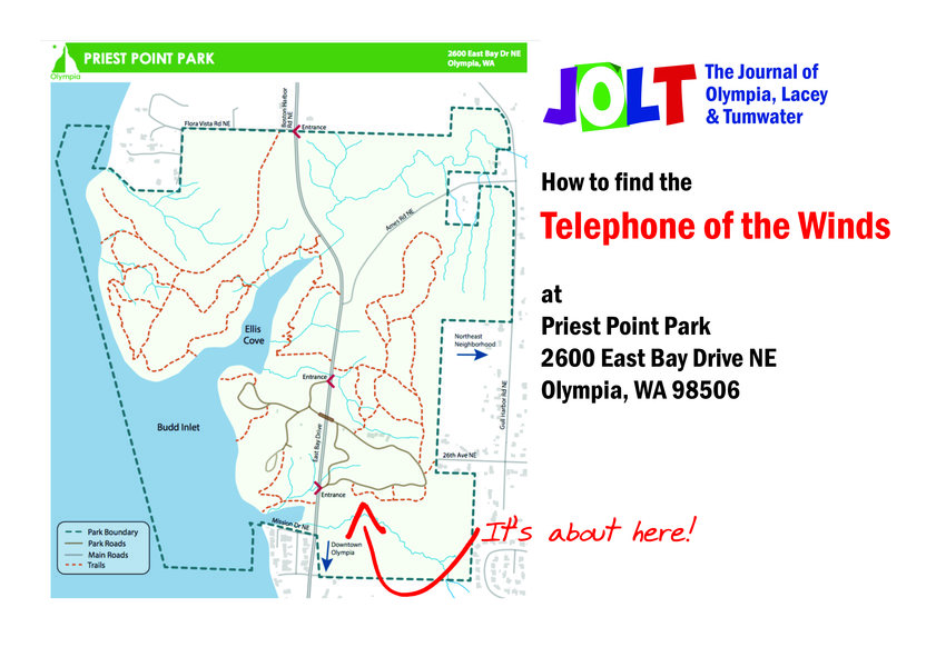 The above map, also available in a downloadable .PDF file, shows the approximate location of Olympia's Telephone of the Winds in Priest Point Park.