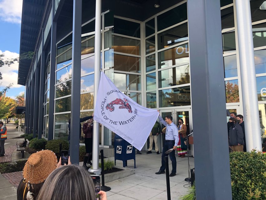 The Squaxin Island Tribe's flag was hoisted in front of Olympia City Hall for the first time on Oct. 7, 2021.