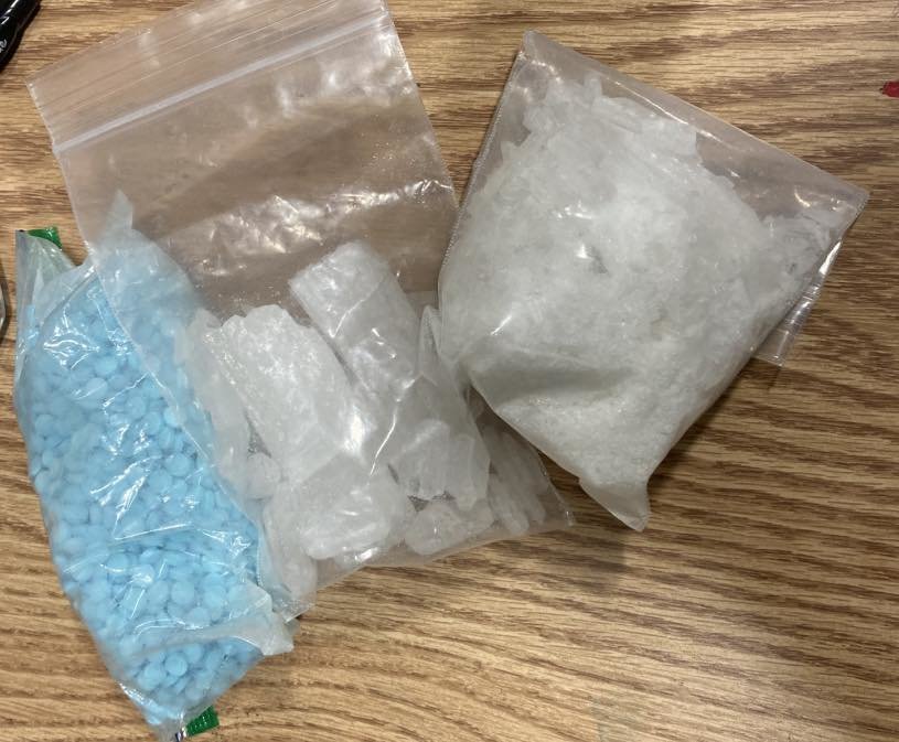 Fentanyl pills and powder and methamphetamine were found during the arrest.