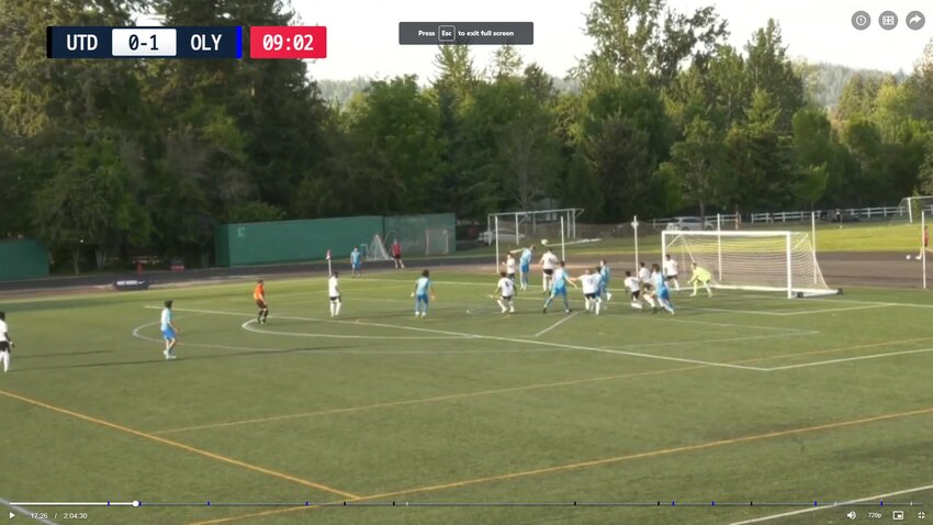 Richy Lapointe’s header from a corner kick makes it two goals unanswered for Oly Town FC in less than ten minutes.
