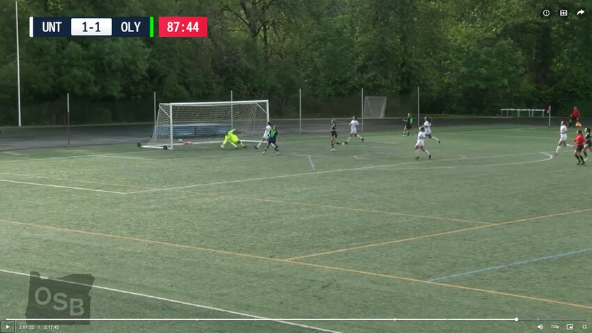 Oly Town FC’s Abby Jacobs (#12) was denied of a match-winning goal by the United PDX goalkeeper.