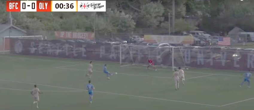 Richy Lapointe-Guevara gives one of the quickest goals this season for Oly Town.
