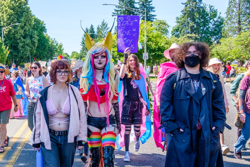 Some 600 marched from Tivoli fountain at the State Sapitol down Capitol Way to the Port Plaza near Olympia Farmers Market for the start of the Pride Festival on July 1, 2023.