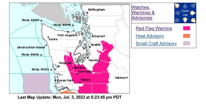 Map showing the areas in Western Washington that are under the Red Flag Warning until Wednesday, July 5th, in the evening.