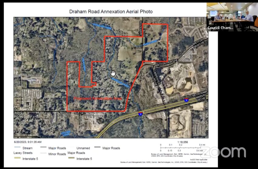 Aerial photo of the Draham Road Annexation shows the 210-acre area with critical areas and buffers.