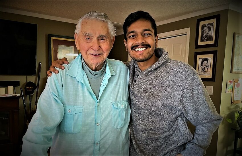 Harvey Drahos and Rishi Sharma after their interview about Harvey’s WWII service. July 2, 2023. Photo by Karen C.