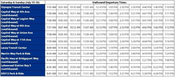 Outbound trip schedule from Thurston County to the JBLM Airshow.