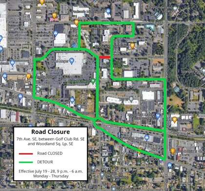 Map showing Lacey's road closure for sewage system work on July 19.
