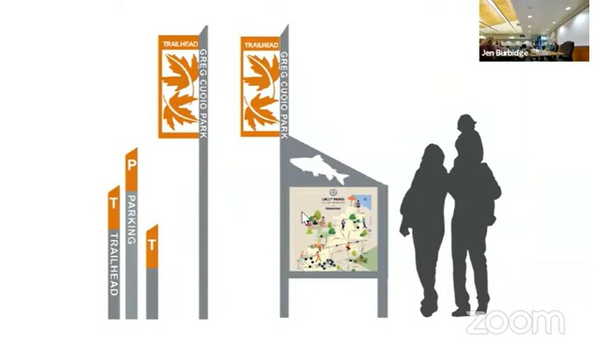 A slide showing the park's motifs of a salmon and leaves on signages.