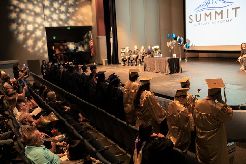 The North Thurston Public Schools VOICE program (gold robes) and the Summit Virtual Academy (dark blue robes) celebrated their 2023 graduation.