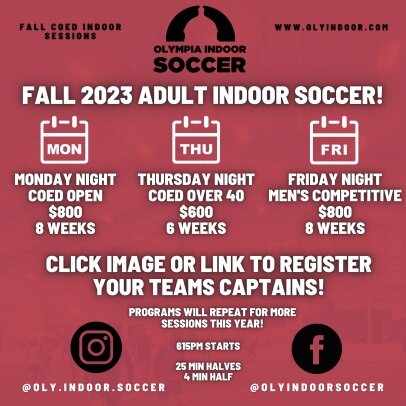 Oly Town offers Adult Indoor Soccer programs for Fall of 2023