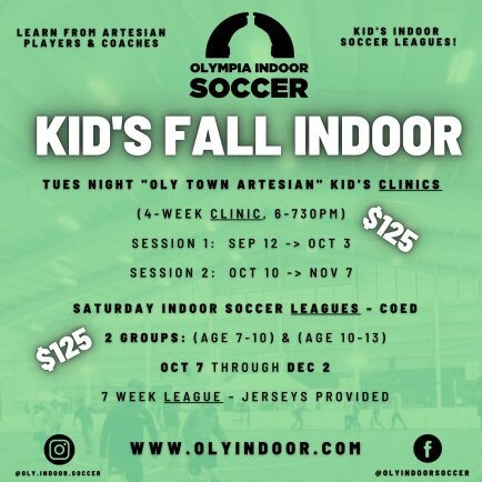 Oly Town offers Kids Indoor Soccer programs for Fall of 2023