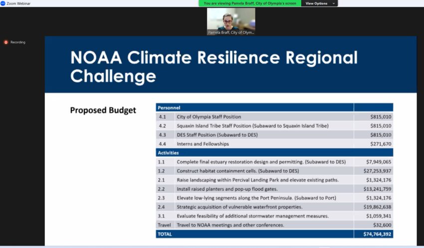 The Sea Level Rise Collaborative Team submitted a letter of intent to participate in the NOAA Climate Resilience Regional Challenge. Dr. Pamela Braff stated they proposed implementing midterm strategies from the Olympia Sea Level Rise Response Plan and Deschutes Estuary Restoration.