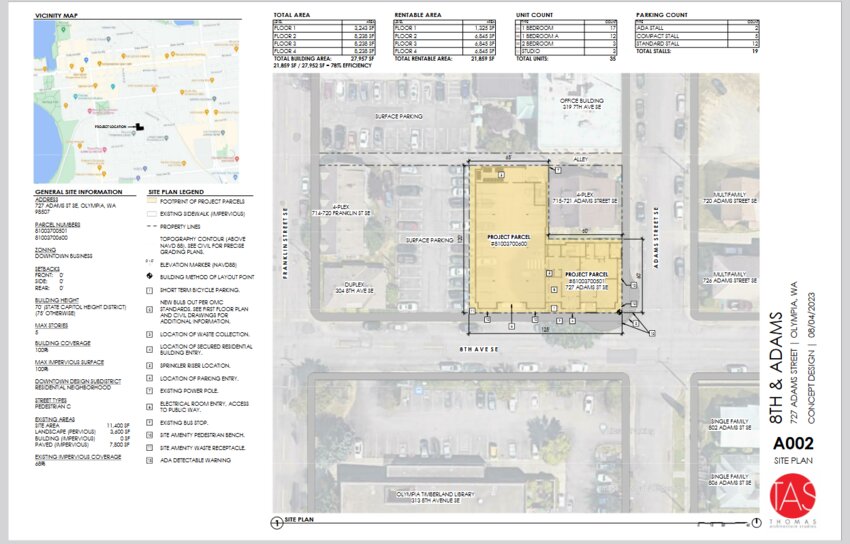 Olympia Associate Planner Paula Smith advises the project applicant to address the seeming encroachment over the property line of the adjacent fourplex structure.