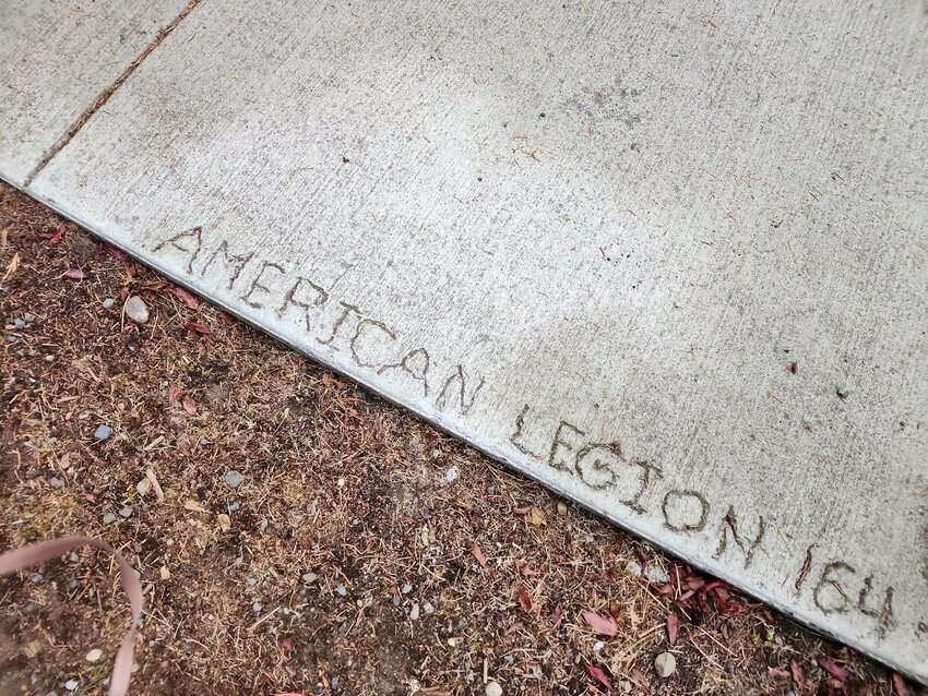 A cheerful “signed” concrete entry ramp, made by the American Legion #164 in Yelm. Sept. 10, 2023.