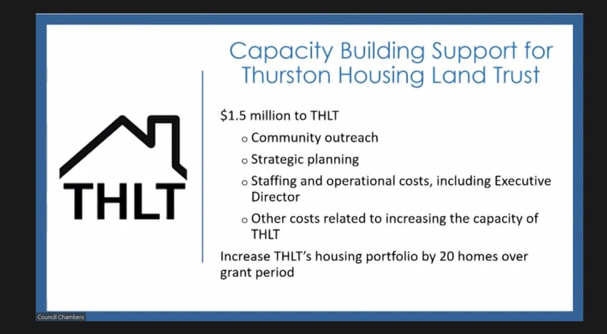 The grant proposal presents three activities, focusing on supporting and removing barriers to homeownership. One is capacity-building support for Thurston Housing Land Trust with a $1.5 million grant request.