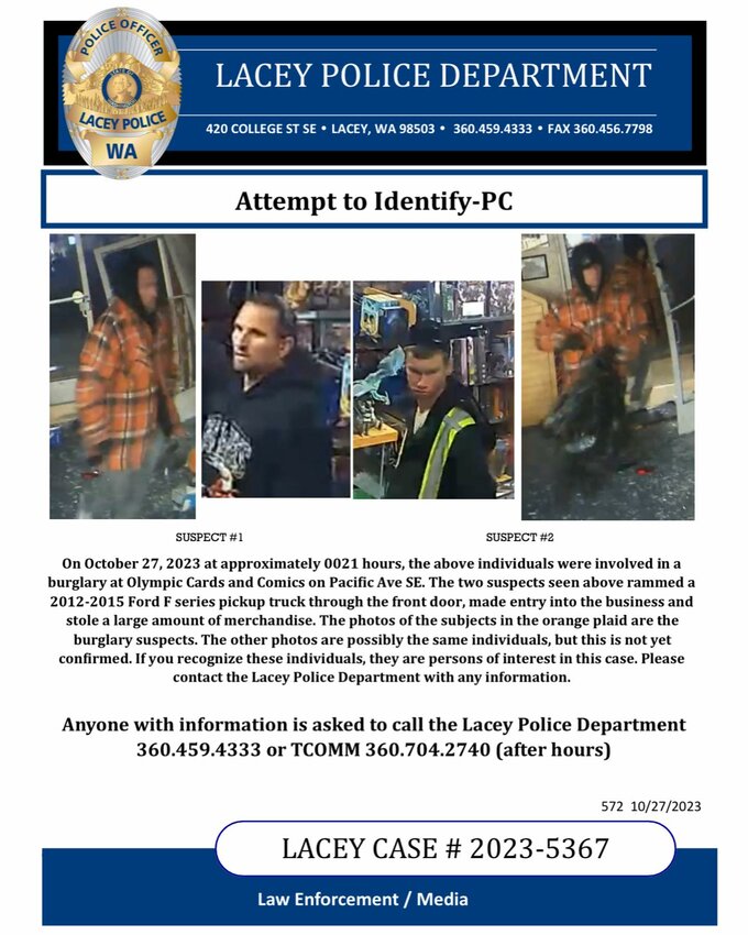 Lacey Police Department's social media post on the hobby store burglary suspects.