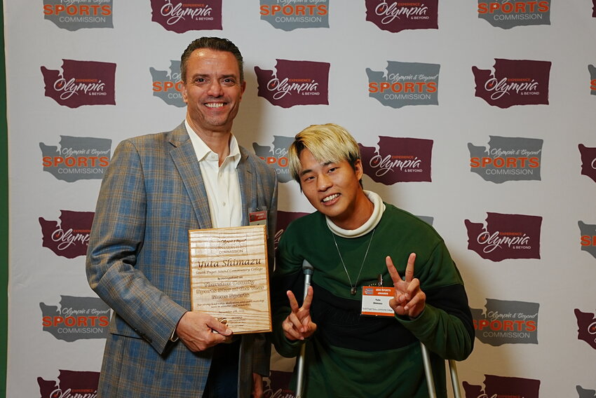 Sports Star of the Year Mens Sports – Jeff Bowe, Olympia & Beyond Sports Commission (Left) with Yuta Shimazu, South Puget Sound Community College