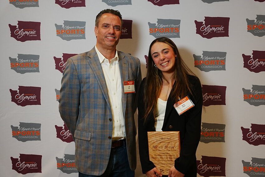 Sports Star of the Year Girls Sports – Jeff Bowe, Olympia & Beyond Sports Commission (Left) with Alexis Meyer, North Thurston High School (Right)