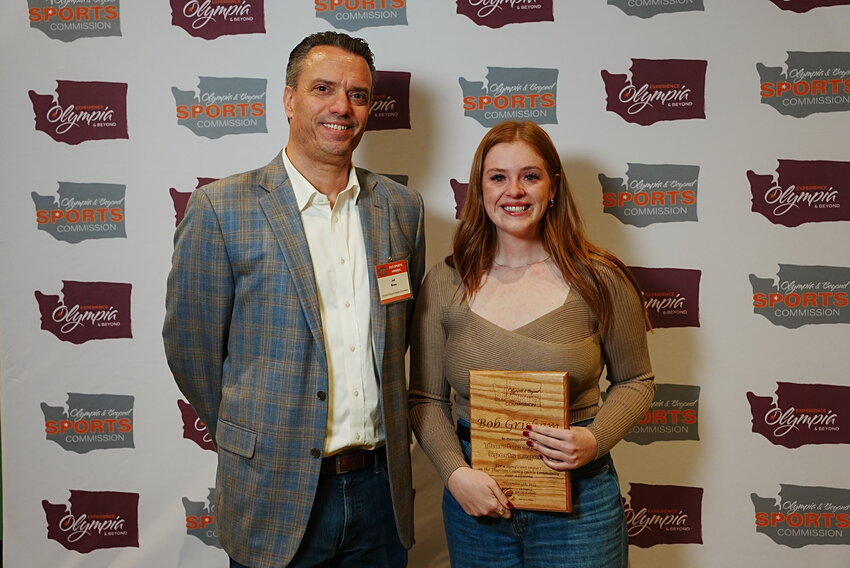 Thurston County Sports Legend – Jeff Bowe, Olympia & Beyond Sports Commission (Left) with Nicole Grisham (Right), daughter of Bob Grisham