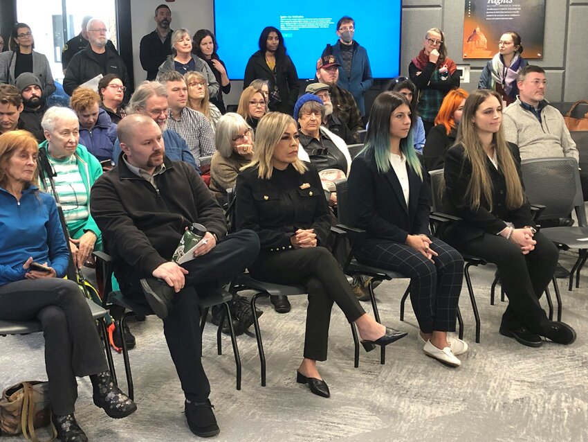 Newly elected county and port commissioners were seated together at the swearing-in ceremony at the county offices on November 28, 2023.  Shown in the front row, second from left are: Wayne Fournier, Maggie Sanders, Emily Clouse and Sarah Tonge