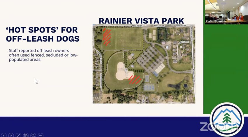 Lacey Parks senior planner Jenny Wilson shared that Wonderwood and Rainier Vista have the highest parks with off-leash dogs.