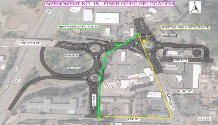 Optic fiber cables under Capitol Boulevard and Lee Street (yellow line) were rerouted to Trosper Road and 6th Avenue (green line).