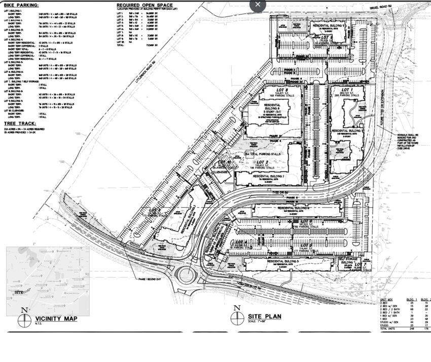 Site plan of Yorkshire Apartments includes the construction of seven apartment buildings, one mixed-use building, a storage facility, and an extension of Tyee Drive to Tumwater Boulevard.