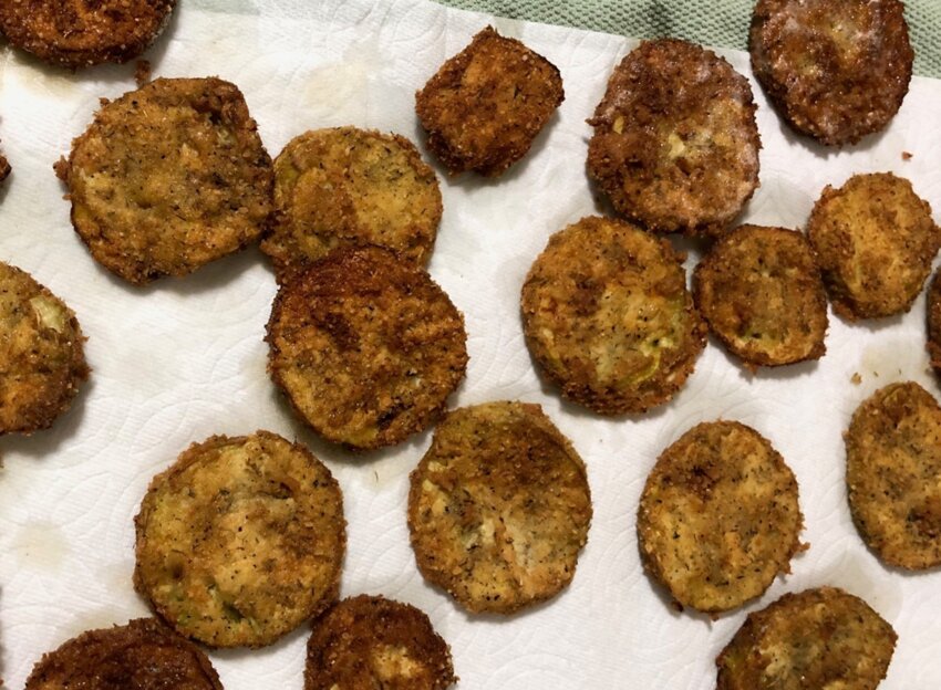 This is what the eggplant slices look like after they've been breaded and fried.
