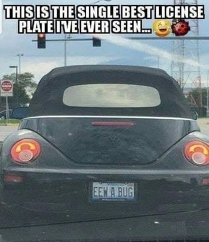 "EEW A BUG" license plate meme, saying, "This is the single best license plate I've ever seen..." and showing a black convertible Volkswagon Bug.