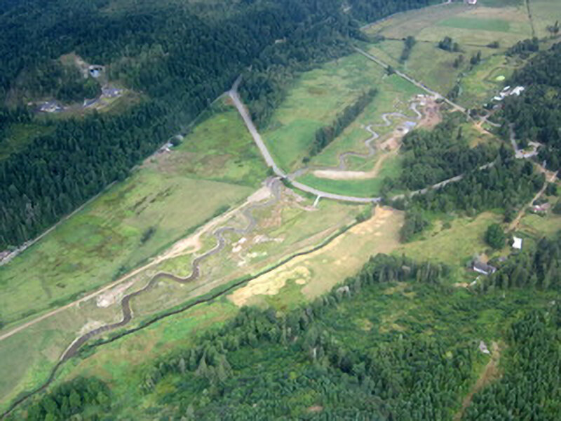 Ohop Creek at Highway 7 with new meandering channel up the center of the valley