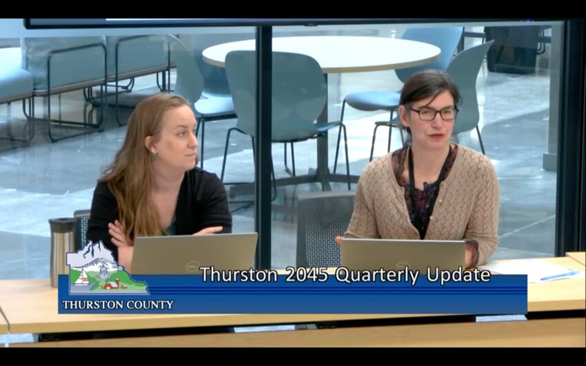 Education Outreach Specialist Miriam Villacian (left) and Community Planning Manager Ashley Arai (right) presented Thurston 2045 updates to the Board of County Commissioners.
