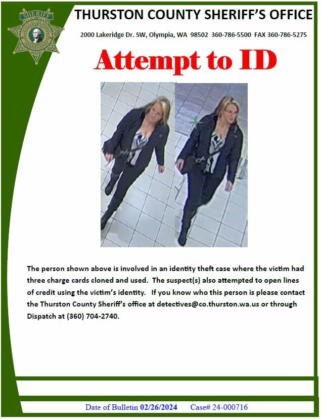 Thurston County Sheriff's Office poster asking the public's help identifying the suspect.
