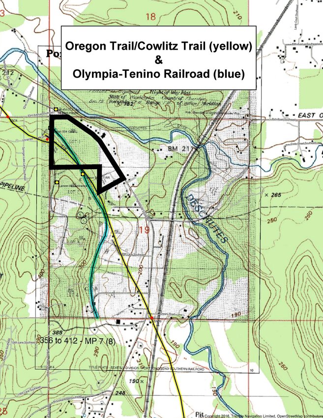 Map showing the path of the Olympia & Tenino Railroad (blue line) and the 1853 surveyed points of the Cowlitz Trail (red dots) with the surveyor’s estimate of the location of the Cowlitz Trail in between those red dots (yellow line).