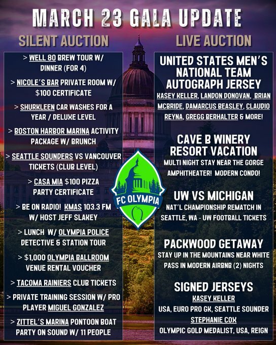 The Oly Soccer Foundation has updated its list of items for auction in the upcoming fundraising night.