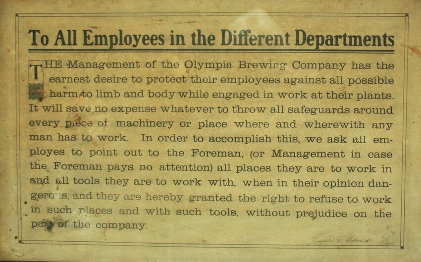 From a panel displayed in the Pre-Prohibition Olympia Brewing Company plant in the early 1900s