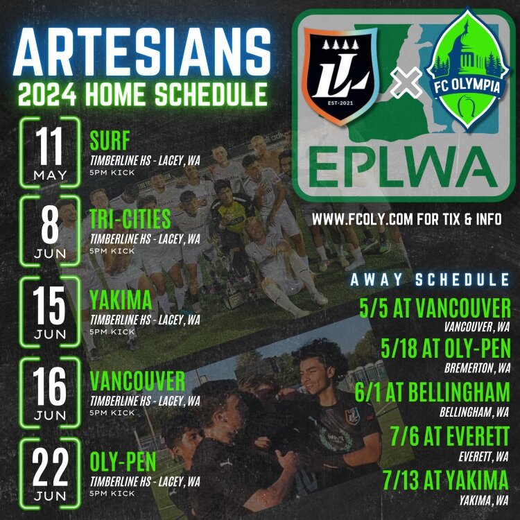 Fixtures for the Artesians in this season’s EPLWA. Home games will be at Timberline HS in Lacey.