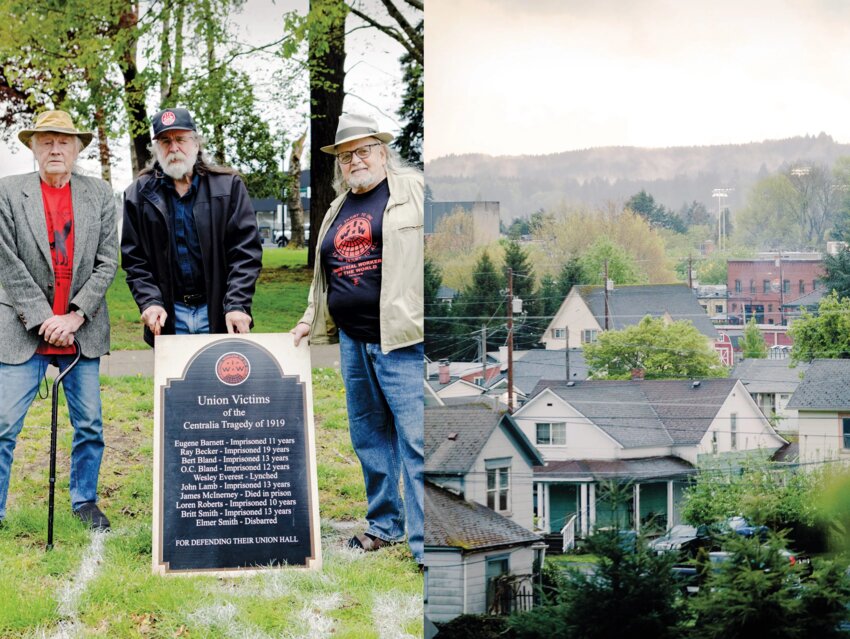 Allan Poobus, Mike Garrison and Rick Beck, pictured from left, with a mock-up of the plaque commemorating the union victims of the “Centralia Tragedy,” which is slated to be installed near “The Sentinel,” a statue in George Washington Park in Centralia (left). Downtown Centralia, Washington (right).