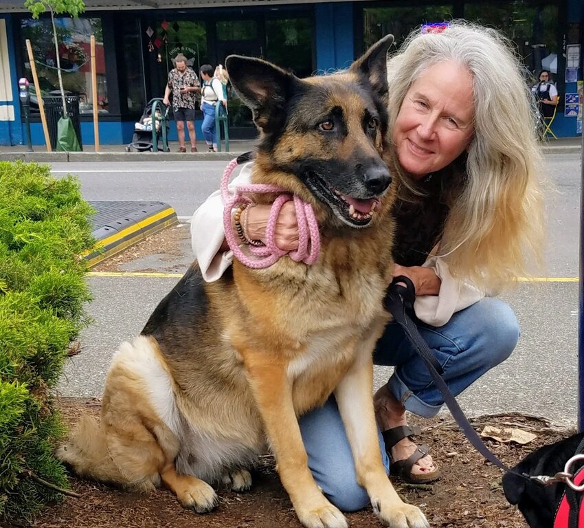 The German Shepherd is Hazel, her owner is Bethann.