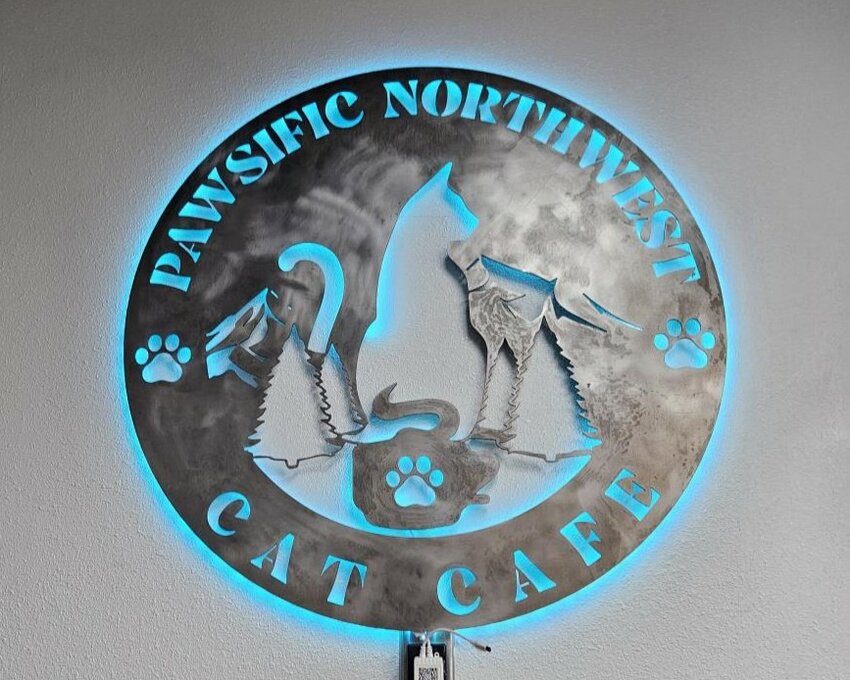 Pawsific NorthWest Cat Cafe sign, the cafe is located in Olympia at 3415 Pacific Ave.