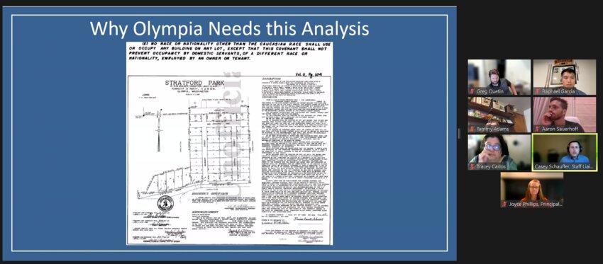 Olympia Planning Commission, July 15, 2024. Olympia City planner Casey Schaufler presents a 1950s plat map that contained racial covenants that stated only Caucasians could own or occupy buildings on any lot.