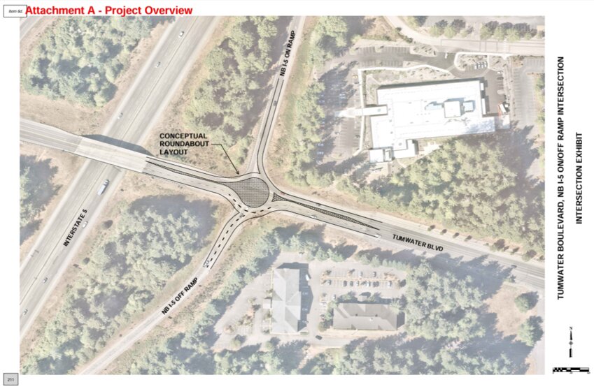 Engineer Joseph Norman presented to the Tumwater City Council a conceptual design of the Tumwater Boulevard roundabout at the northbound I-5 ramps.