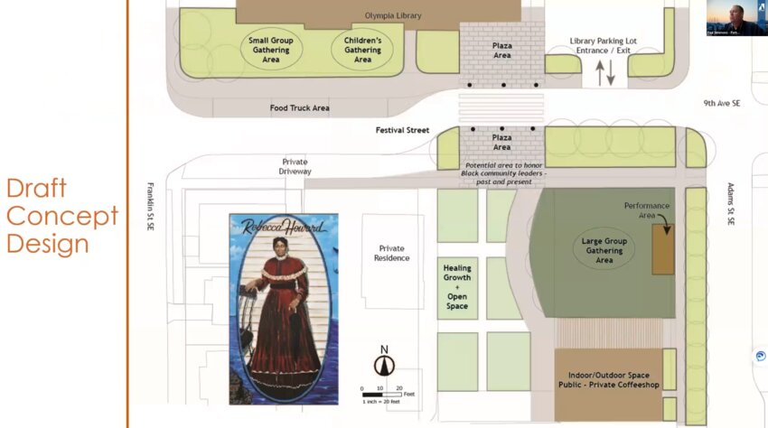 Olympia Community Livability and Public Safety Committee, Wednesday, July 24, 2024. Parks Director Paul Simmons presents a preliminary draft design for the Rebecca Howard Park project, which has a large gathering area that could host performances and events.