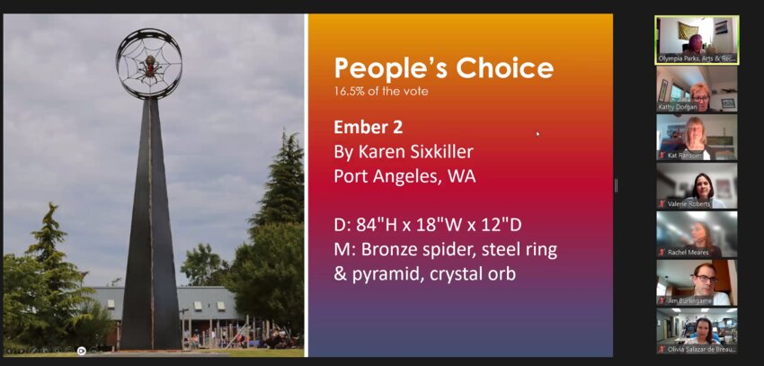 Ember 2 by Karen Sixkiller, a sculpture representing traditional Cherokee stories, earned the most votes in the People's Choice Percival Plinth Project, a sculpture exhibit and contest in downtown Olympia.