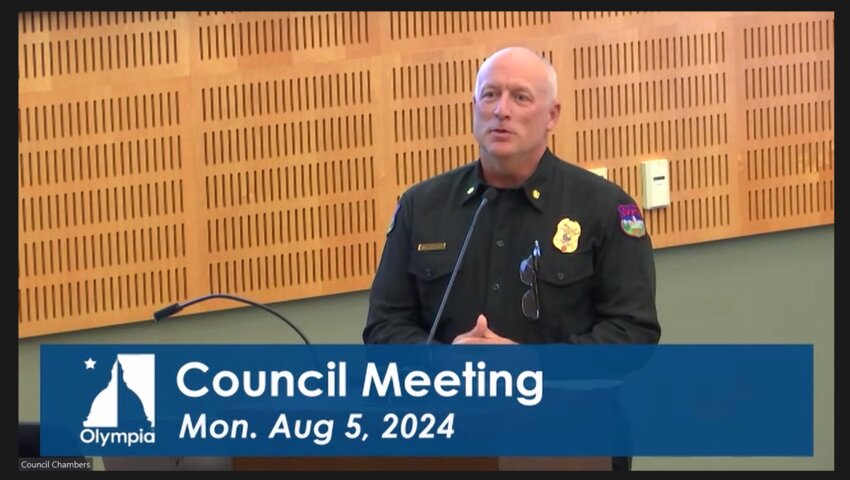 Olympia Fire Department Chief Matt Morris presents details of a new Emergency Medical Services (EMS) billing program to city council on Aug. 5, 2024.