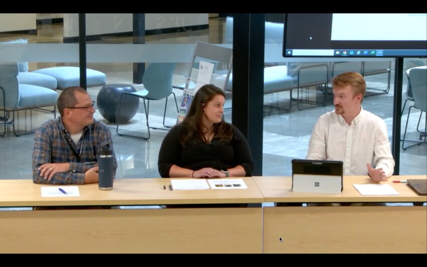 On August 12, 2024, Thurston County Public Works staff gave the Board of County Commissioners an overview of the Fish Passage Enhancement Program. (Left to right: County Engineer Matt Unzelman, Senior Environmental Coordinator Elena Fernandez, and Senior Civil Engineer Marcus Storvick).