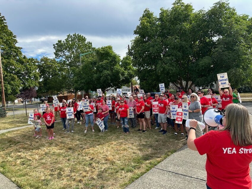 Members of the Yelm Education Association holding a rally Monday, August 26.