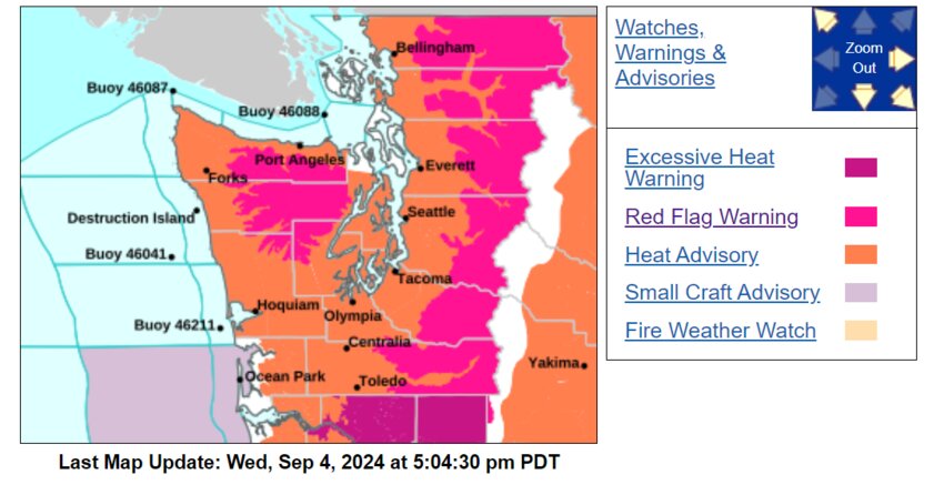 Map of heat advisory and Red Flag Warning from the National Weather Service, as of September 9, 2024